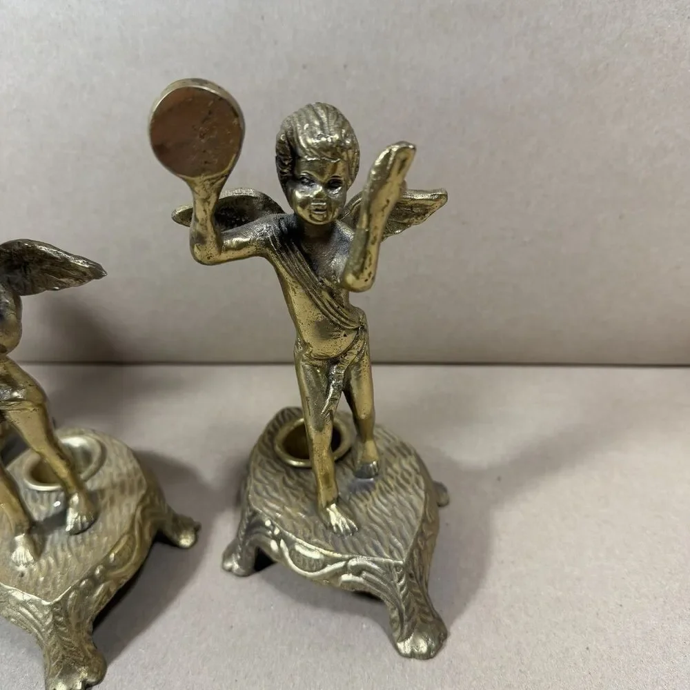 Vintage Set of 3 Solid Brass Cherub Angels Instrumental Candle Holders 7